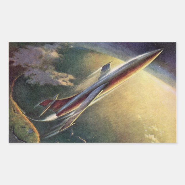 Vintage Science Fiction Spaceship Aeroplane Earth Rectangular Sticker (Front)