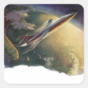 Vintage Science Fiction Spaceship Aeroplane Earth Square Sticker