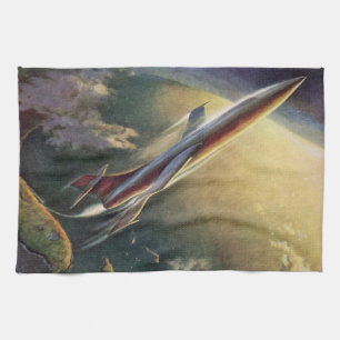 Vintage Science Fiction Spaceship Aeroplane Earth Tea Towel