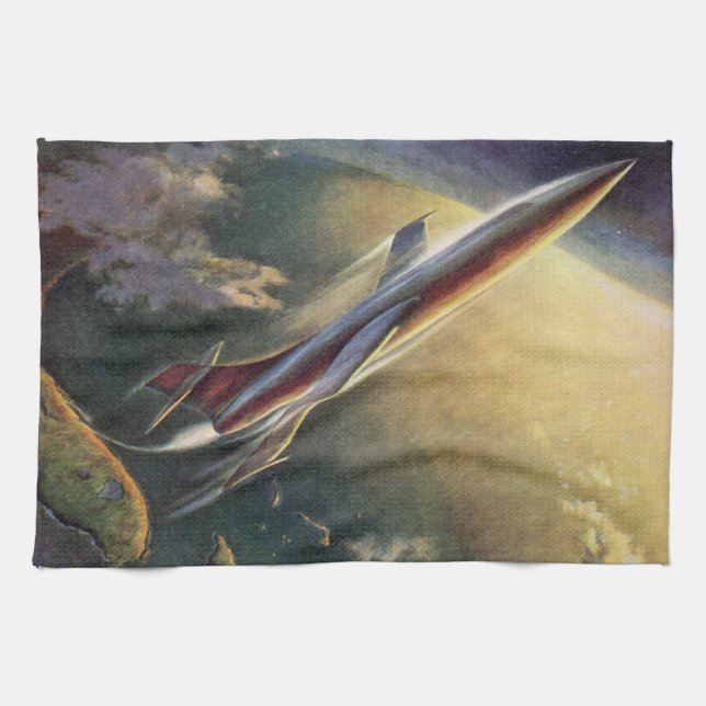Vintage Science Fiction Spaceship Aeroplane Earth Tea Towel (Horizontal)
