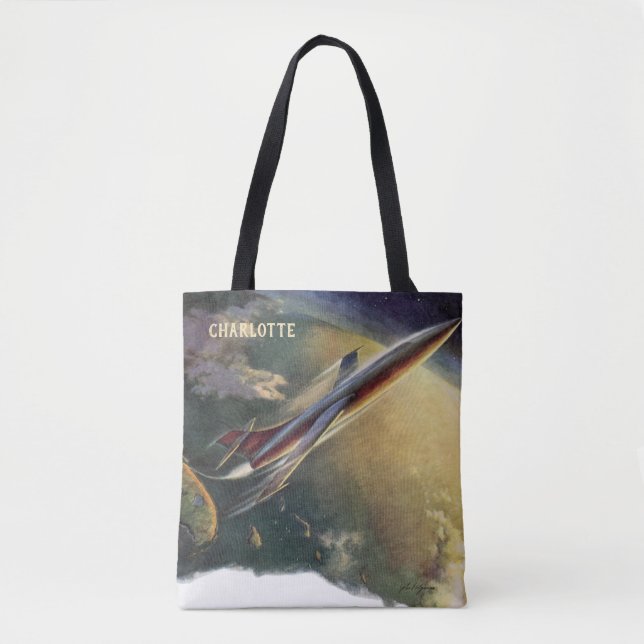 Vintage Science Fiction Spaceship Aeroplane Earth Tote Bag (Front)
