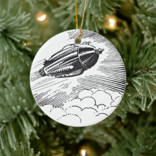 Vintage Science Fiction Spaceship Rocket in Clouds Ceramic Tree Decoration