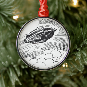 Vintage Science Fiction Spaceship Rocket in Clouds Metal Tree Decoration