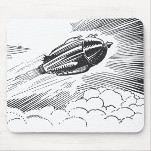Vintage Science Fiction Spaceship Rocket in Clouds Mouse Mat