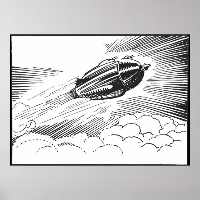 Vintage Science Fiction Spaceship Rocket in Clouds Poster (Front)