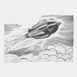 Vintage Science Fiction Spaceship Rocket in Clouds Tea Towel