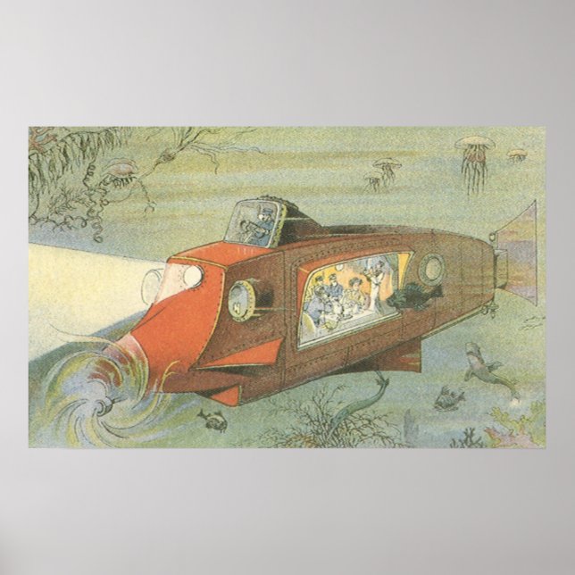 Vintage Science Fiction Steampunk Submarine in Sea Poster (Front)