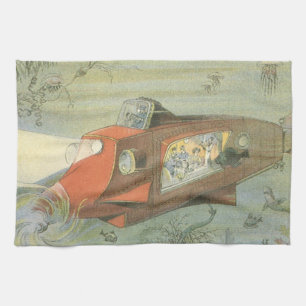 Vintage Science Fiction Steampunk Submarine in Sea Tea Towel