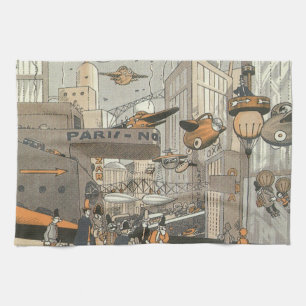 Vintage Science Fiction Urban Paris, Steam Punk Tea Towel