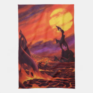 Vintage Science Fiction Volcano Planet w Red Lava Tea Towel