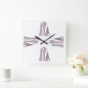 Vintage Scissors Clock with Floral Orchid Design 
