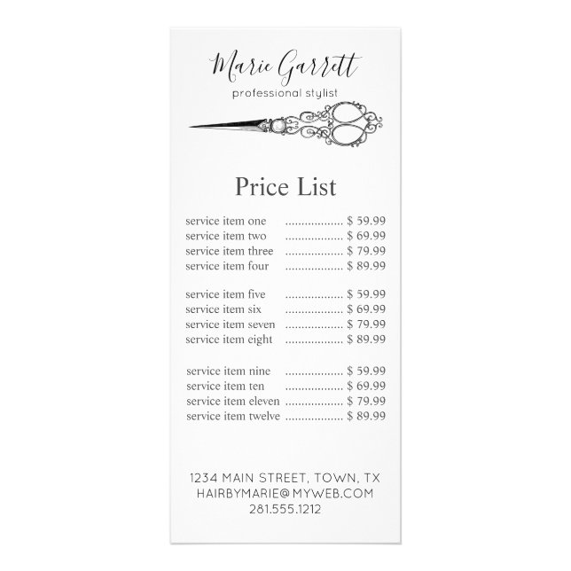 Vintage Scissors Salon Business Price Rack Card (Front)
