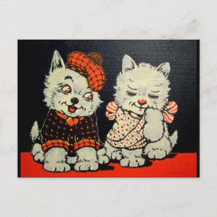 Vintage Scottie Dog and Cat Couple - Red and Black Postcard
