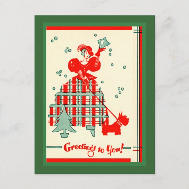 Vintage Scottie Dog and Lady Holiday Postcard (Front)