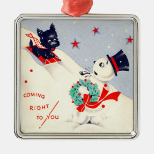 Vintage Scottie Dog and Snowman Metal Tree Decoration