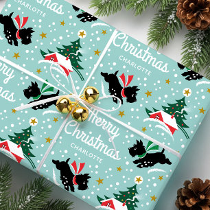 Vintage Scottie Dog Christmas Custom Name Aqua Wrapping Paper