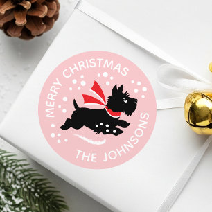 Vintage Scottie Dog Christmas Custom Name Pink Classic Round Sticker