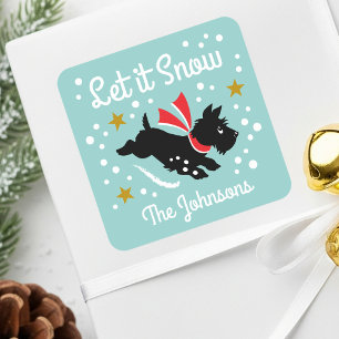 Vintage Scottie Dog Let It Snow Custom Name Aqua Square Sticker