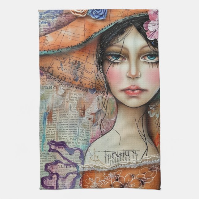 Vintage Scrapbook Collage Face (10) Tea Towel (Vertical)