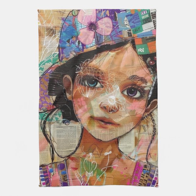 Vintage Scrapbook Collage Face (1) Tea Towel (Vertical)