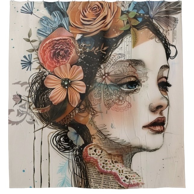 Vintage Scrapbook Collage Face (2) Shower Curtain (Front)