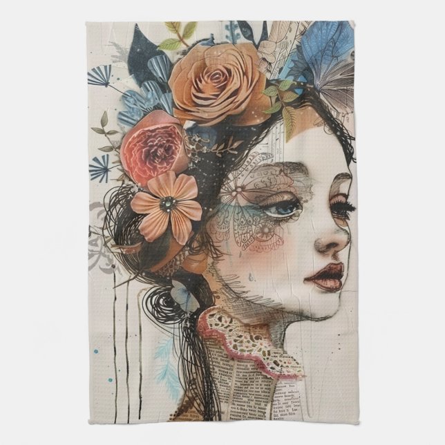 Vintage Scrapbook Collage Face (2) Tea Towel (Vertical)