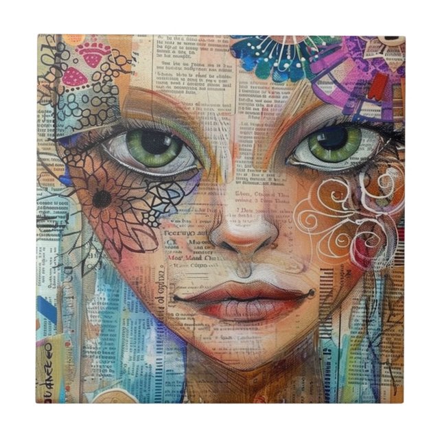 Vintage Scrapbook Collage Face (3) Tile (Front)