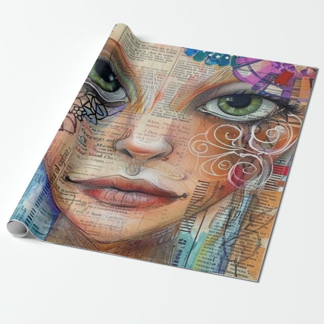 Vintage Scrapbook Collage Face (3) Wrapping Paper (Unrolled)