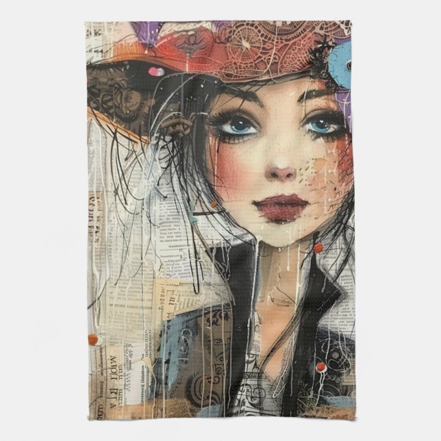 Vintage Scrapbook Collage Face (8) Tea Towel (Vertical)