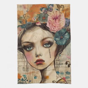 Vintage Scrapbook Collage Face (9) Tea Towel