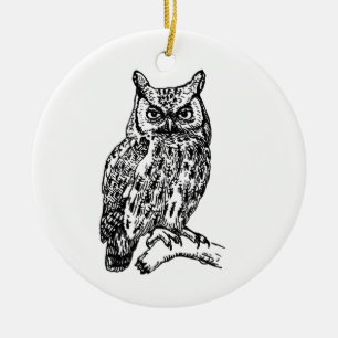 Vintage Screech Owl Illustration (Line Art) Ceramic Tree Decoration