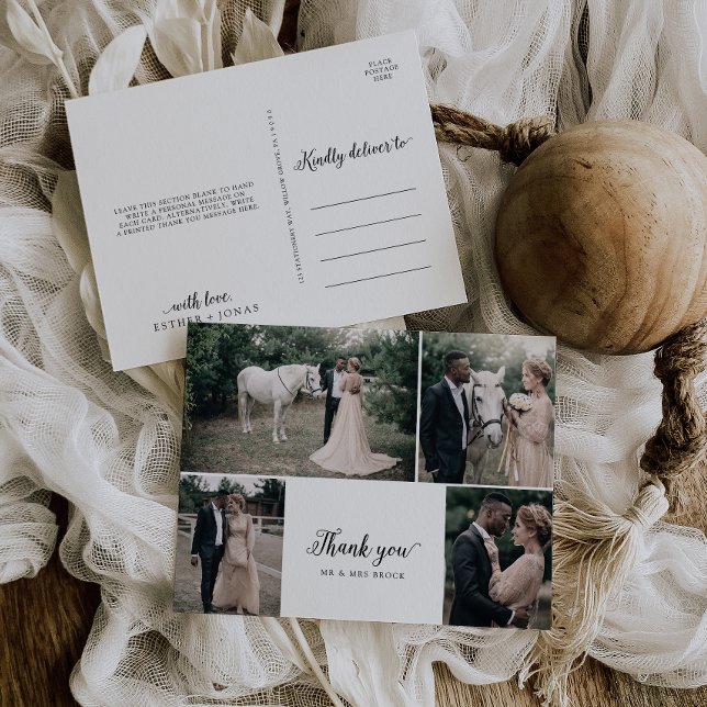 Vintage Script 4 Photo Collage Wedding Thank You Postcard (Creator Uploaded)