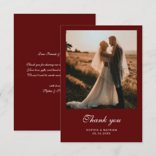 Vintage Script Burgundy Elegant Photo Wedding Thank You Card