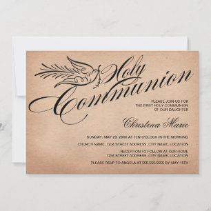 Vintage Script Dove and Cross First Holy Communion Invitation