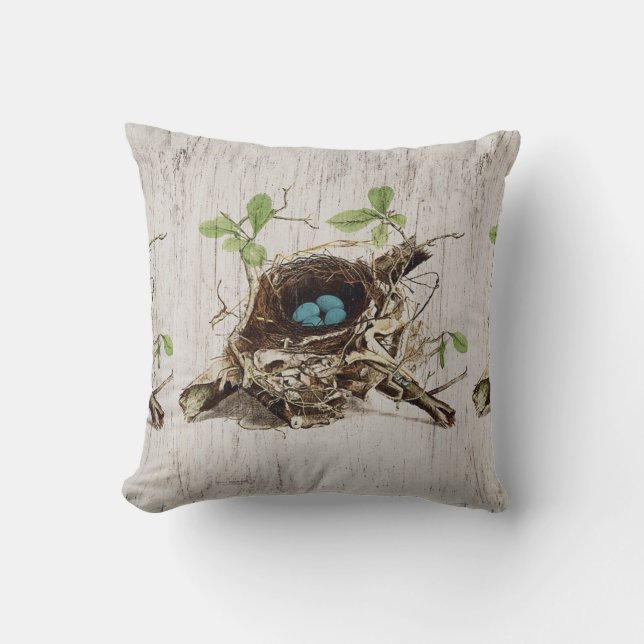 vintage script ephemera bird nest french botanical cushion (Front)