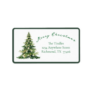 Vintage Script Green Gold Christmas Tree Address Label