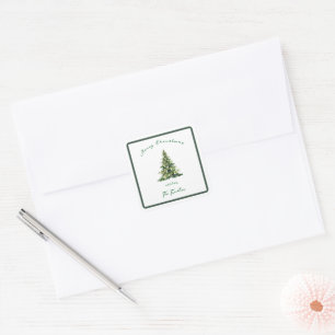 Vintage Script Green Gold Christmas Tree Address Square Sticker