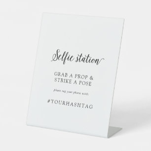 Vintage Script Selfie Station Wedding Hashtag Pedestal Sign