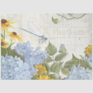 Vintage Script Sunflower Blue Floral Dragonfly Tis Tissue Paper