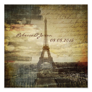 vintage scripts Paris Eiffel Tower Wedding Photo Print