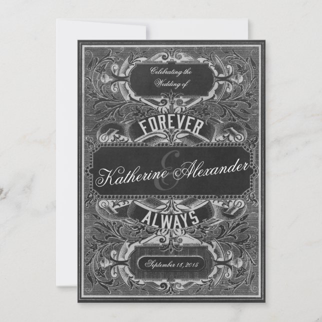 Vintage Scroll Engraving Chalkboard Wedding Invite (Front)