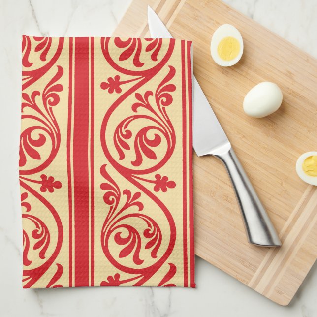 Vintage Scroll Pattern Red and Gold Kitchen Towel (Quarter Fold)