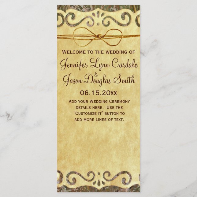 Vintage Scroll Rustic Country Camo Wedding Program Programme (Front)