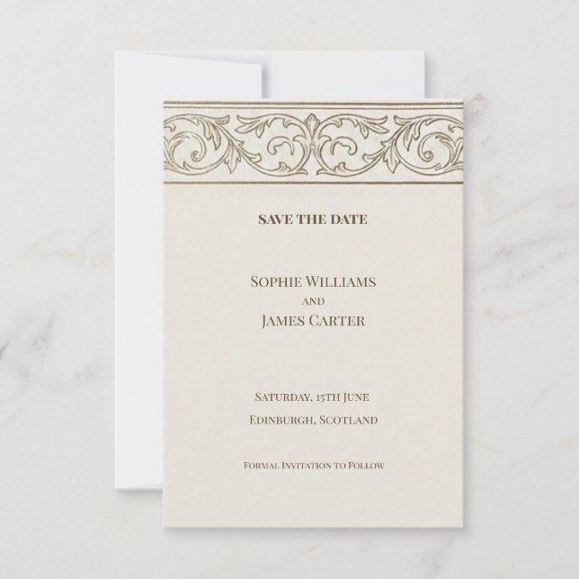 Vintage Scroll Save The Date Card (Front)