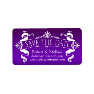 Vintage Scroll Save the Date on Damask Purple Label