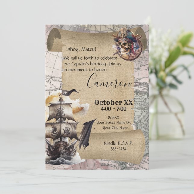 Vintage Scroll Treasure Map Pirates Party Invitation (Standing Front)