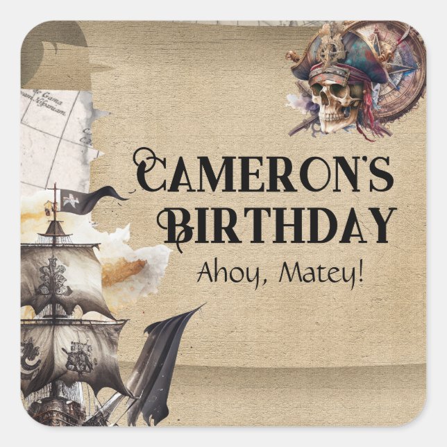 Vintage Scroll Treasure Map Pirates Party Square Sticker (Front)