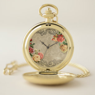 Vintage Sculpted Roses and Engraved Border Pocket Watch