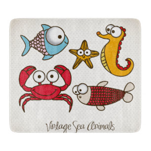 Vintage Sea Animals Cutting Board Glass