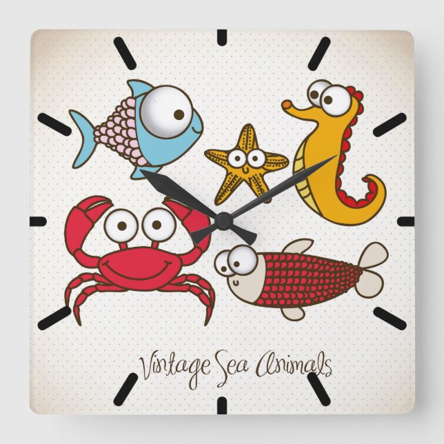 Vintage Sea Animals Square Wall Clock (Front)